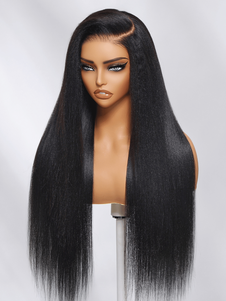 [7x5 Pre-Cut | 180% Density] 7x5 Glueless Lace Bye Bye Knots Wig Black Yaki Wig With Bleached Knots