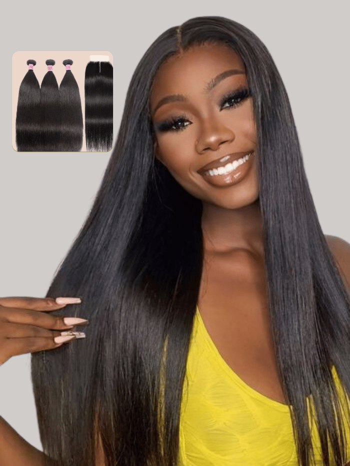 Petaluxe Hair 3 Bundles With Closure Middle Part 100% Virgin Remy Human Hair T Part Lace Closure Natural Black Color