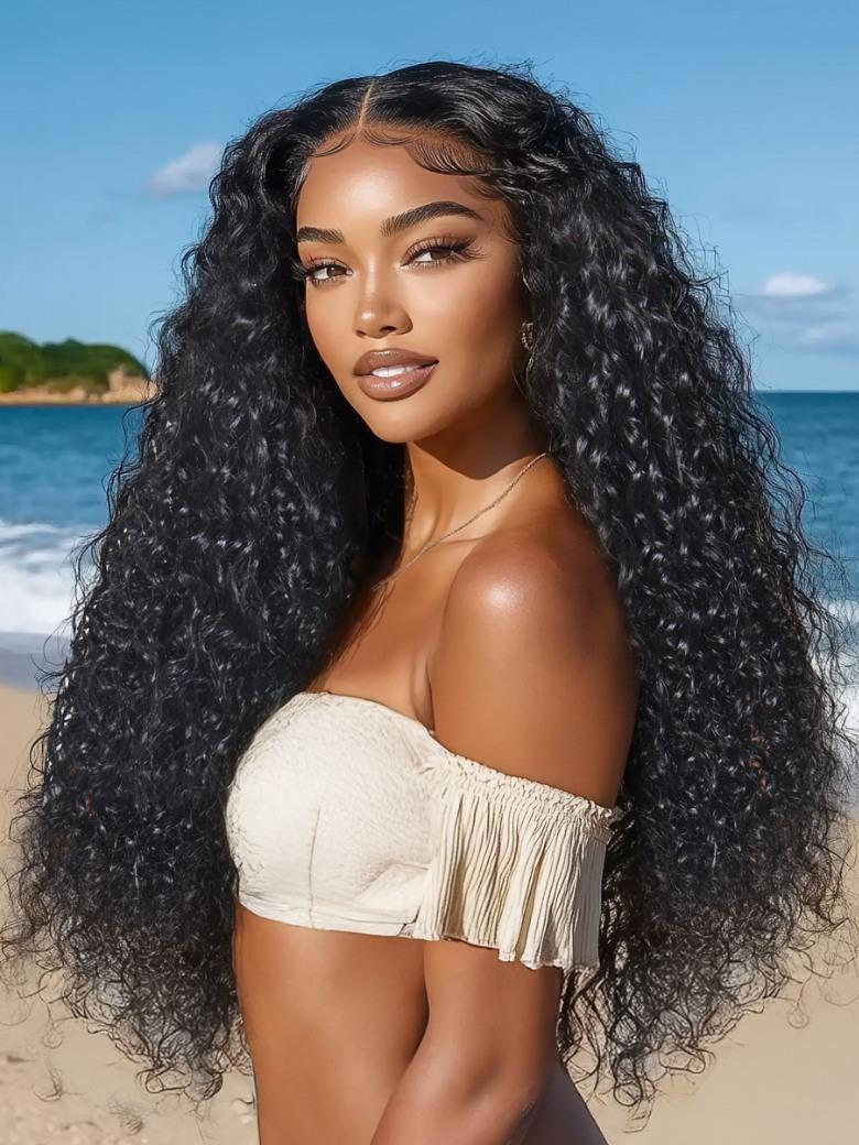 13x4 Pre-Everything? Lace Frontal Natural Black Bouncy Water Wave Curly Drawstring Exclusive Design Wig Perfect For Summer Look
