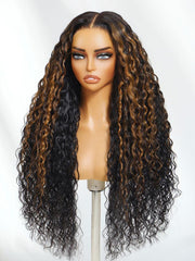 Bye-Bye Knots 7x5 Lace Water Wave Black Wig With Golden Brown Highlights