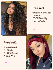 2 Wigs $129 for 18" Lace Part Curly wig and Ombre Burgundy 10" Headband Bob Wig