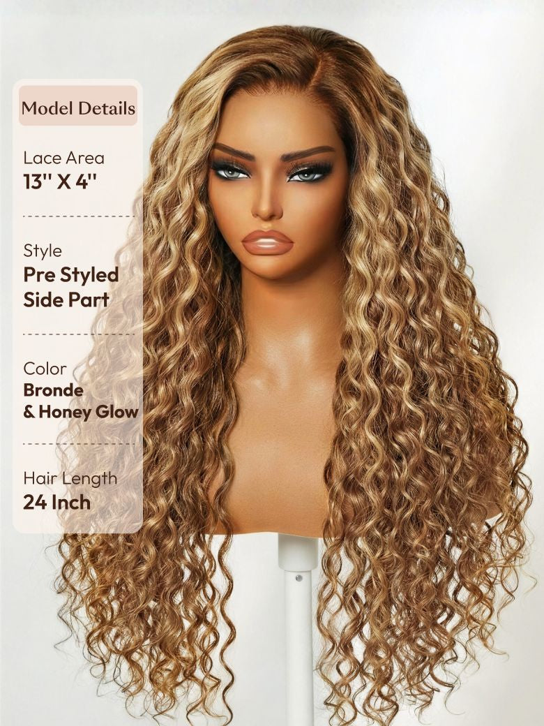 A mannequin head displays a long, wavy honey blonde 13x4 lace front 24 inch wig with a pre-styled side part in a blonde and honey glow color.