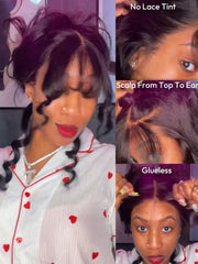 13x4 Pre-Everything? Lace Frontal Black Fluffy Natural Bouncy Loose Wave Curtain Bangs Wig