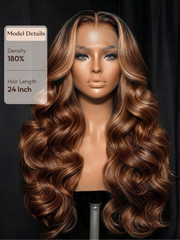 360 HD Lace Pre-plucked Luxury Raw Virgin Hair Caramel Brown With Money Piece Highlights Body Wave Wig