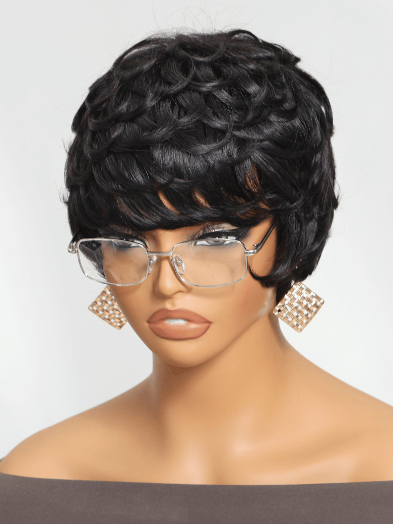 Short Pixie Cut Human Hair Glueless Wig With Wispy Bangs