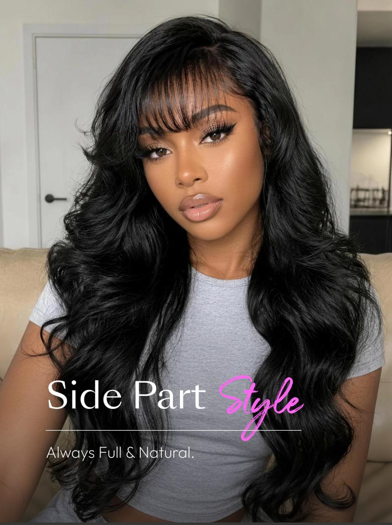 Side part loose wave no slip wig with wispy bangs on model, showing full and natural volume.