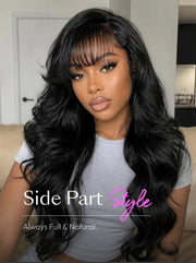 Side part loose wave no slip wig with wispy bangs on model, showing full and natural volume.