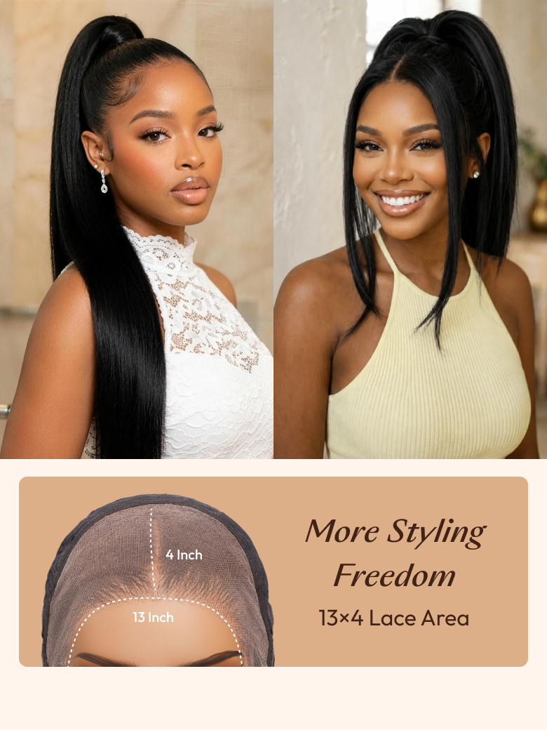 13x4 Pre Everything Glueless Lace Black Straight Bleached Knots Drawstring Wig No Baby Hair 150% Density