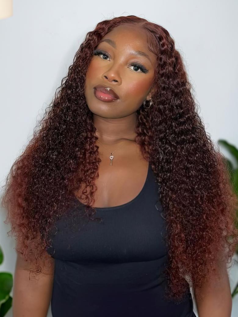 7x5 Glueless Lace Bye-Bye Knots Wig Reddish Brown Curly Wig With Bleached Knots 150% Density