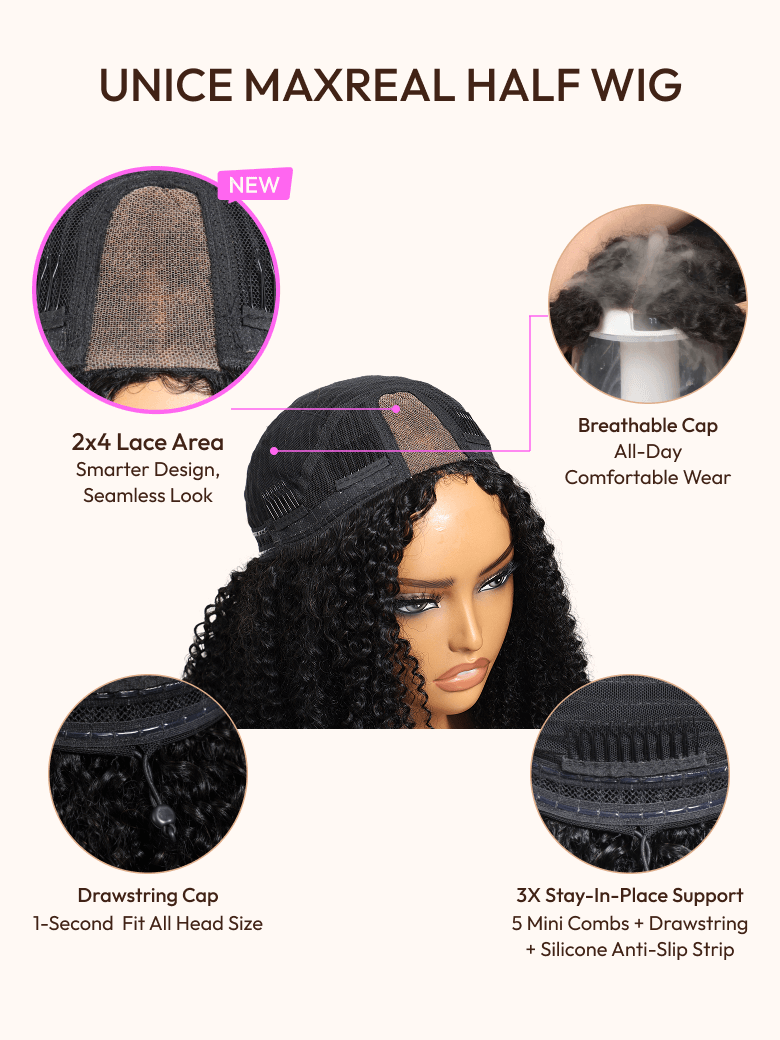 Blend & Secure Half Wig Kinky Curly Glueless Wig for Beginners