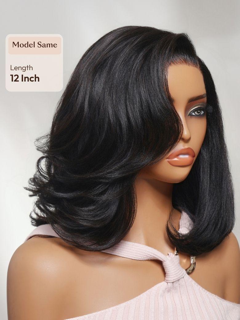 7x5 Bye Bye Slip? Lace Black Celebrity-Inspired Side Part Natural Curly Bob Wig Drawstring Wig 180% Density