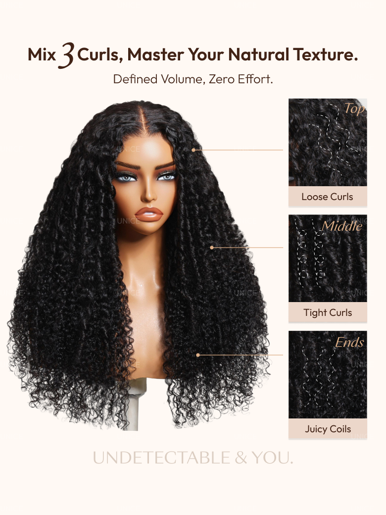 Bye-Bye Knots? 7x5 Lace Black Defined Coils 3C-4A Blend Curly Wig with Invisi Drawstring