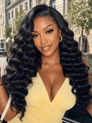 HD Real Scalp? Wig & Feathered Layers Drawstring Wig 13x4 Invisible Lace Frontal Loose Wave with Face Framing Curtain Bangs