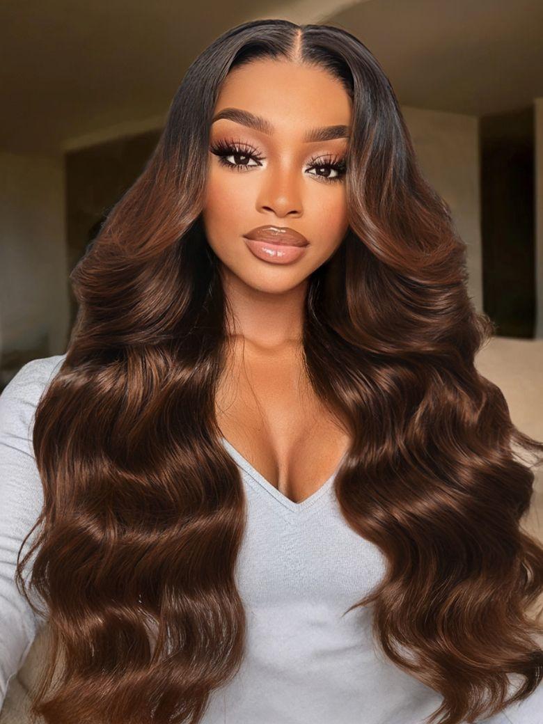 13x4 Pre-Everything Lace Frontal Coffee Brown Loose Wave Glueless Drawstring Wig with Layered Curtain Bangs
