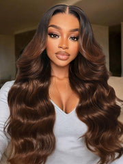 13x4 Pre-Everything Lace Frontal Coffee Brown Loose Wave Glueless Drawstring Wig with Layered Curtain Bangs
