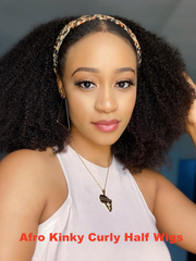 From 22'' Low Maintenance Put On & Go Chestnut Brown Ombre Yaki Straight Headband& Black Afro Kinky Curly Half Wigs 150% Density Wig Human Hair Glueless Wig