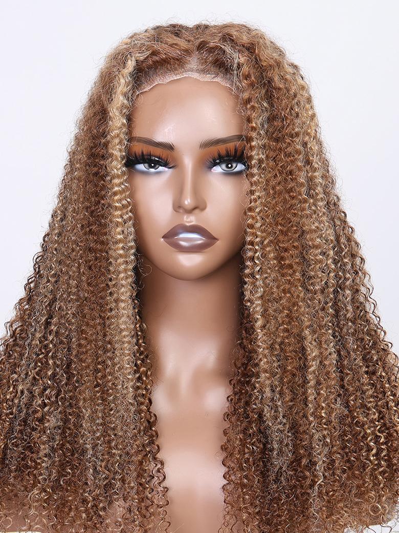 [From 20"] 6x4.5 Pre Cut Lace 200% Density Honey Blonde Highlights Curly Air Wig
