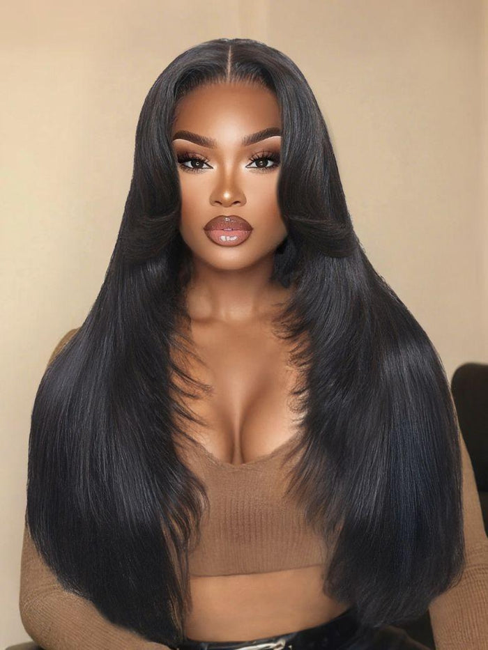 [Limited Time] Petaluxe 13x4 Pre-Everything? Lace Frontal Black Feather Layer Cut Straight Glueless With Invisi Drawstring