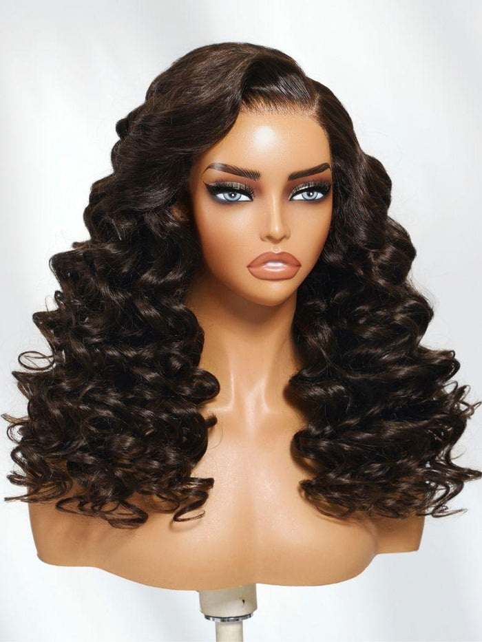 Petaluxe 13x4 Pre-Everything? Lace Frontal Dark Chocolate Brown Wand Curls Wig with Invisi Drawstring
