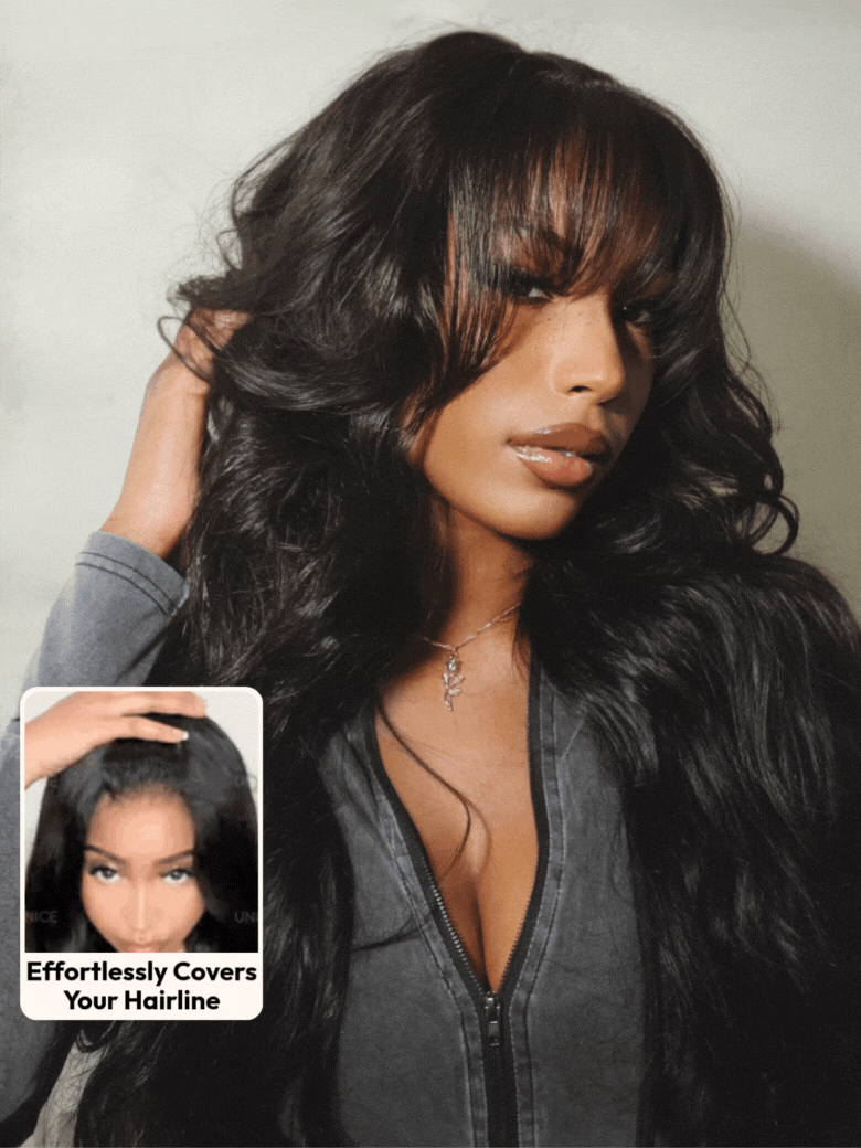 [From 22 Inch] 7x5 Bye-Bye Knots Black Fluffy Natural Loose Wave Curtain Bangs Wig
