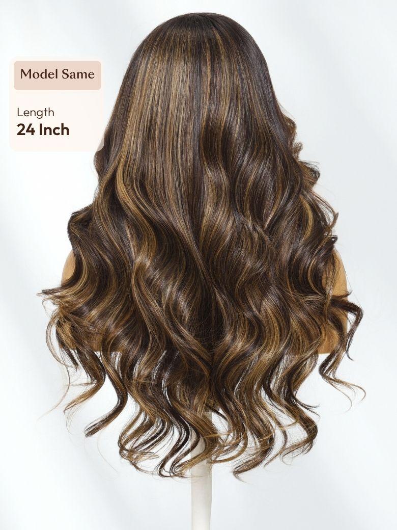 7x5 Bye Bye Slip? Lace Brown with Golden Brown Highlights Glueless Body Wave Drawstring Wig with Side Part Bangs