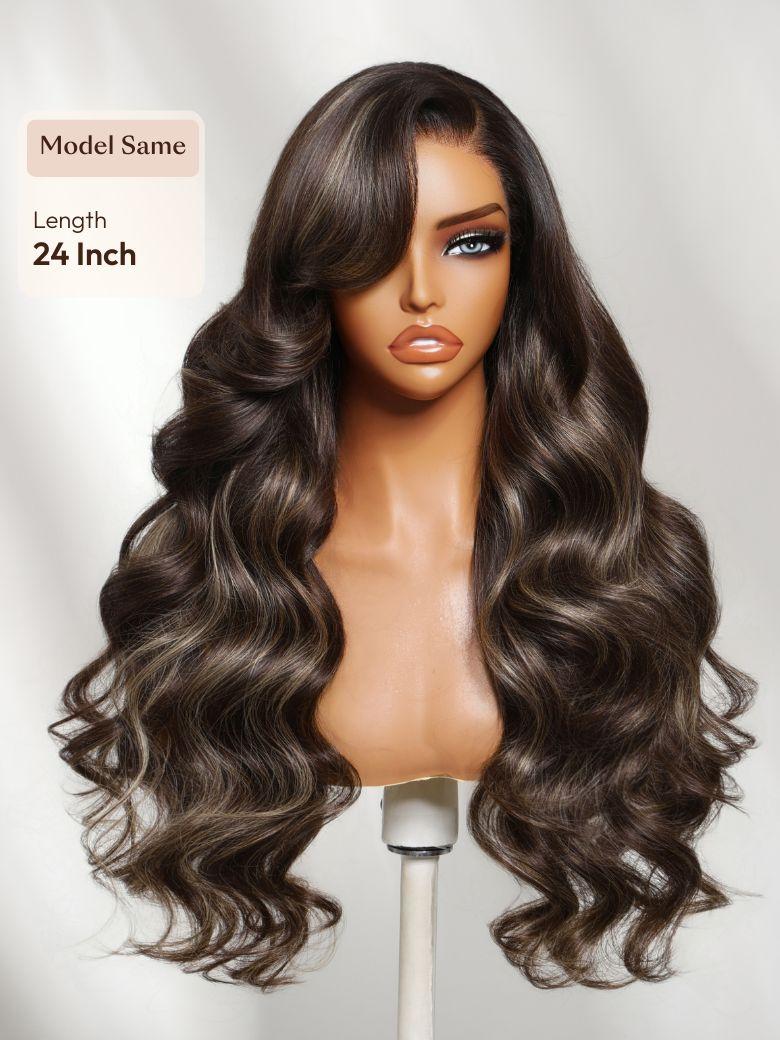 Honey Brown 13x4 Pre-Everything? Lace Frontal Golden Blonde Balayage Loose Body Wave Drawstring Wig with Side Swept Bangs