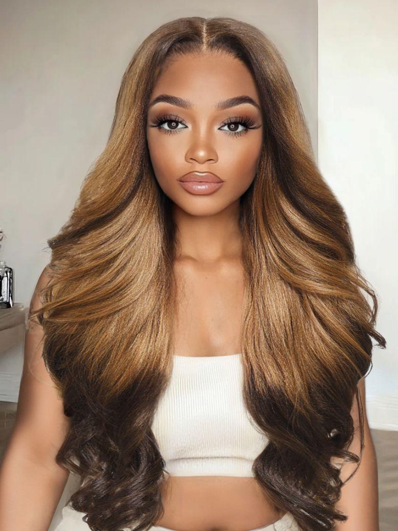 13x4 Pre-Everything? Lace Frontal Caramel To Dark Brown Reverse Ombre Yaki Glueless Drawstring Wig With Soft Layers