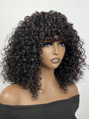Tousled Curly Short Black Glueless Wig With Bangs