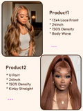 Petaluxe 2 Wigs $89 for 24inch 13x4 Lace Front Honey Blonde Body Wave Wig and 24inch U Part Red Orange Kinky Straight Hair