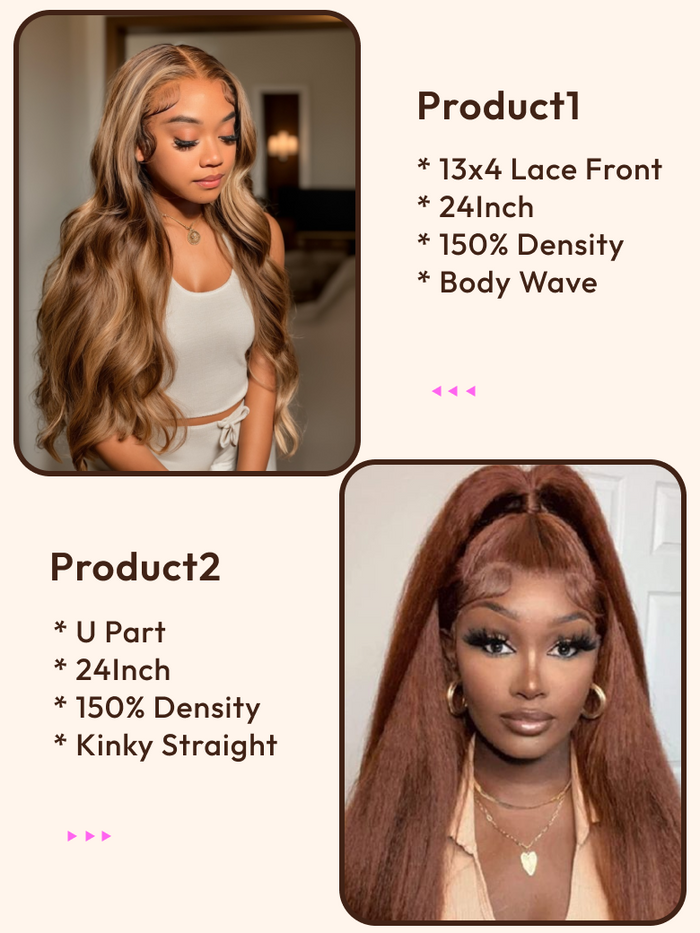 Petaluxe 2 Wigs $89 for 24inch 13x4 Lace Front Honey Blonde Body Wave Wig and 24inch U Part Red Orange Kinky Straight Hair