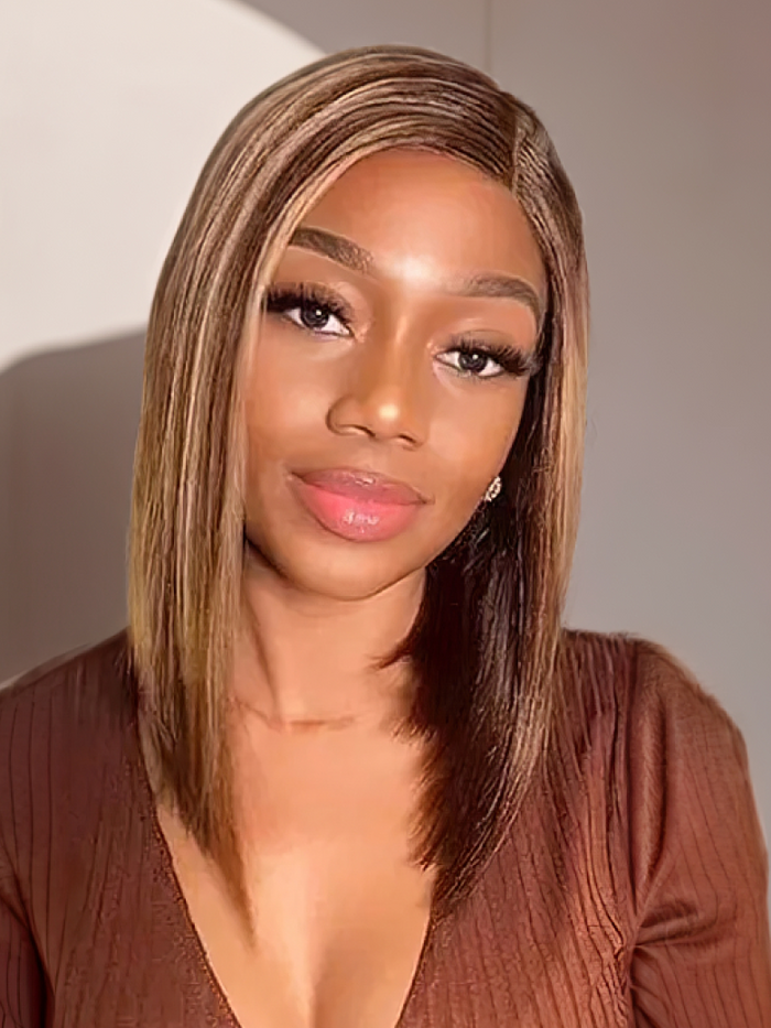 Petaluxe Toffee Brown With Piano Highlights Blunt Cut 13x5 T Part Bob Wig