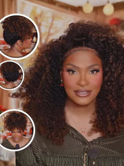 [With Drawstring] Glueless Curly Wig With Defined Finger Coil Ends Black to Chestnut Brown Ombre 7x5 Bye-Bye Knots? 7x5 Wig