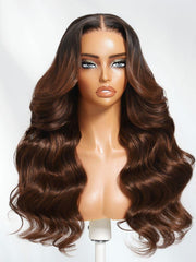 13x4 Pre-Everything? Lace Frontal Coffee Brown Loose Wave Glueless Drawstring Wig with Layered Curtain Bangs