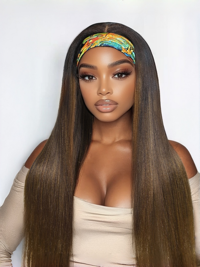 Petaluxe [With Gift] $109=24" Low Maintenance Put On & Go Yaki Straight Headband Black To Chestnut Brown Ombre Human Hair Glueless Wig