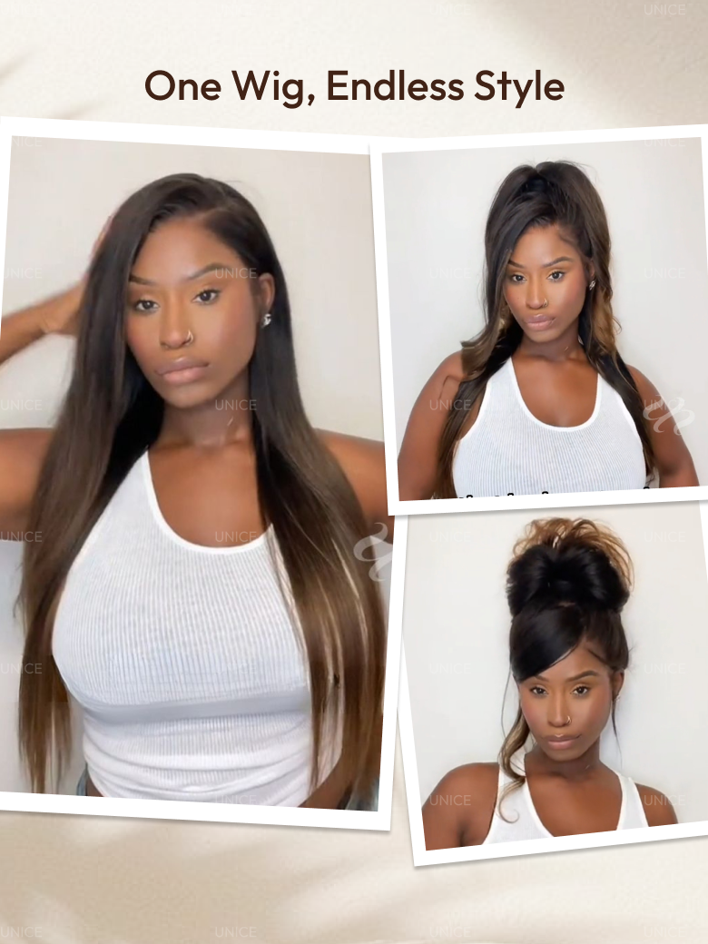 Bye-Bye Knots 7x5 Lace Black to Chestnut Brown Ombre Yaki Straight Wig With Invisi Drawstring