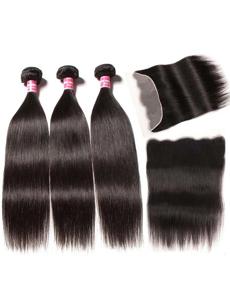 Hair 3 Bundles Straight Human Hair With 13x4 Lace Frontal