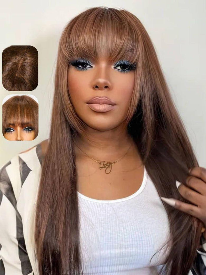 Petaluxe [All Inch $99] 4x2 Glueless Lace Yaki Straight Human Hair Wigs with Bangs Chocolate Brown Layered Cut Glueless Wigs Ready to Wear Wig