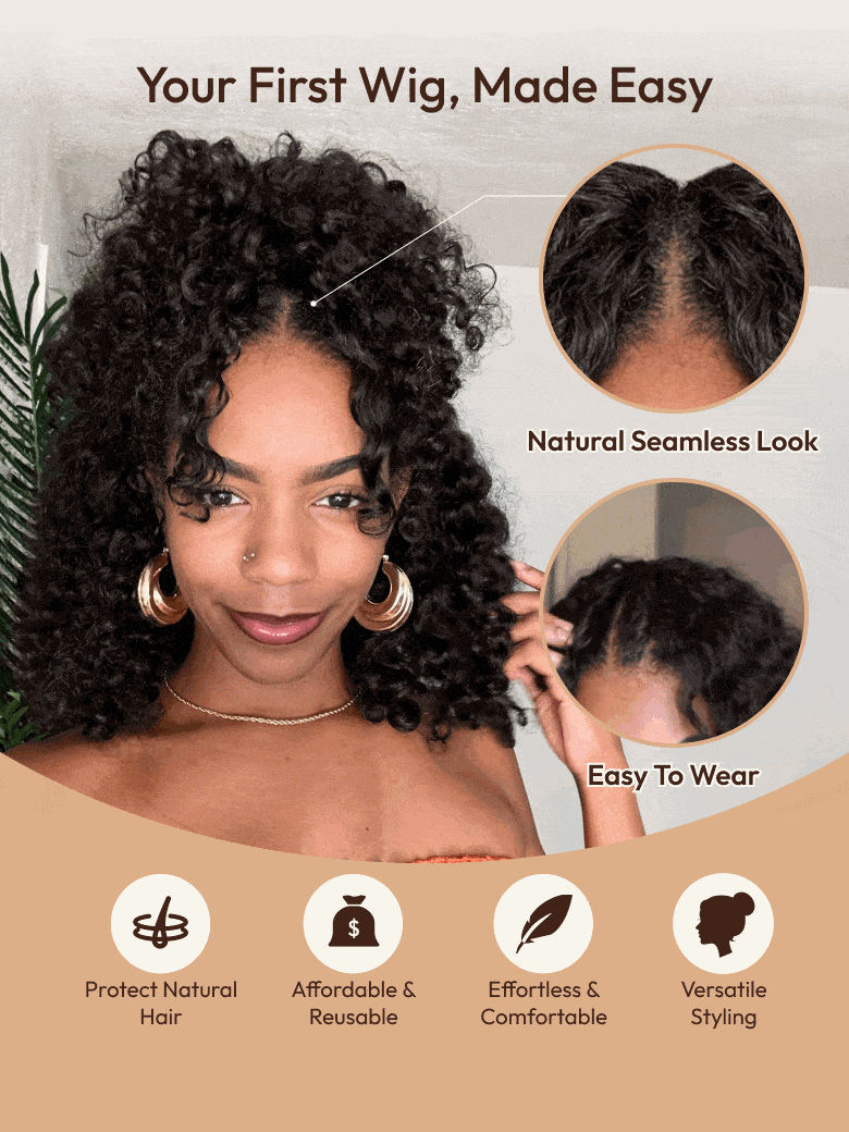 EasiContour? V Part Minimal Glueless Curly Glueless Wig With Invisi Drawstring 100% Human Hair 150% Density