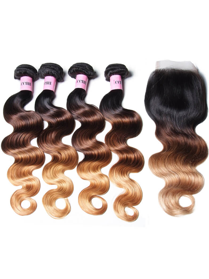 Hair Icenu Series Hair T1B/4/27 Ombre 4 Bundles Body Wave With Free Part Closure Virgin Human Hair Weave