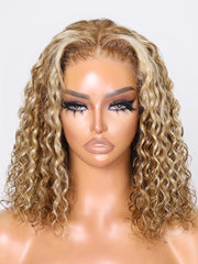 Bye Bye Knots 7x5 Pre-Cut Lace Honey Blonde Highlights Bouncy Water Wave Bob Wig