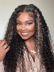 [22"=$99] 7x5  Bye Bye Knots Wig Glueless Lace Black With Blonde Highlights Kinky Curly Bleached Knots Wig 180% Density