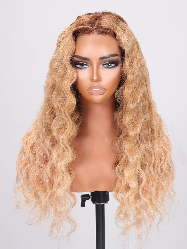 13x4 Lace Front Light Blonde With Brown Roots Deep Wave Wig