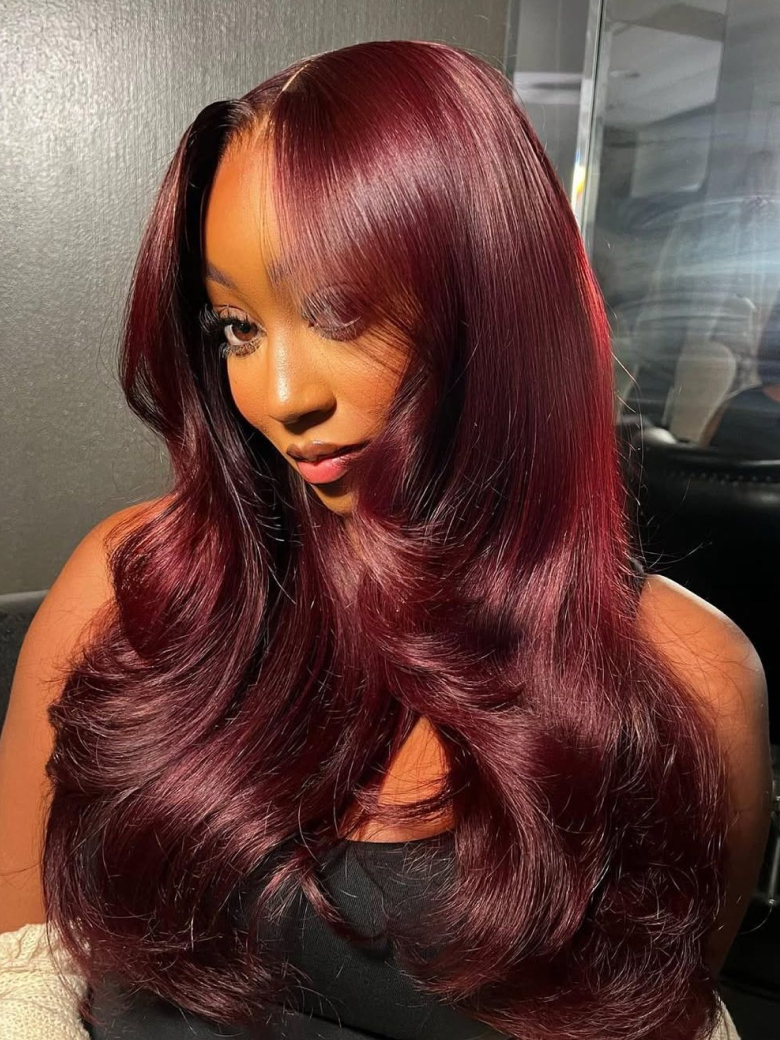 7x5 ByeBye Knots? Lace Bouncy Black Cherry Layered Straight Wig