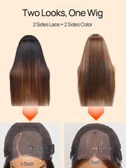 Double Wear 4x4 Yaki Straight Wig Ombre Chestnut Brown & Honey Blonde Higlight 2 Styles In 1 Put On And Go Wig