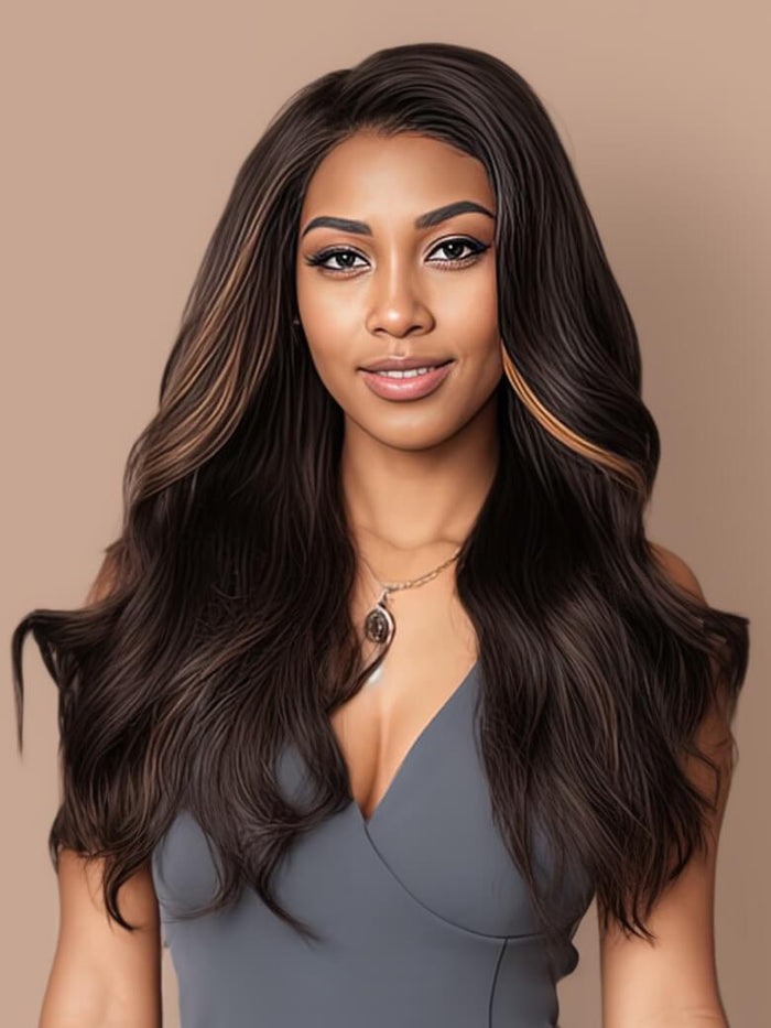 Petaluxe 13x4 Lace Front Black Hair With Brown Skunk Stripe Highlights Loose Wave Wig
