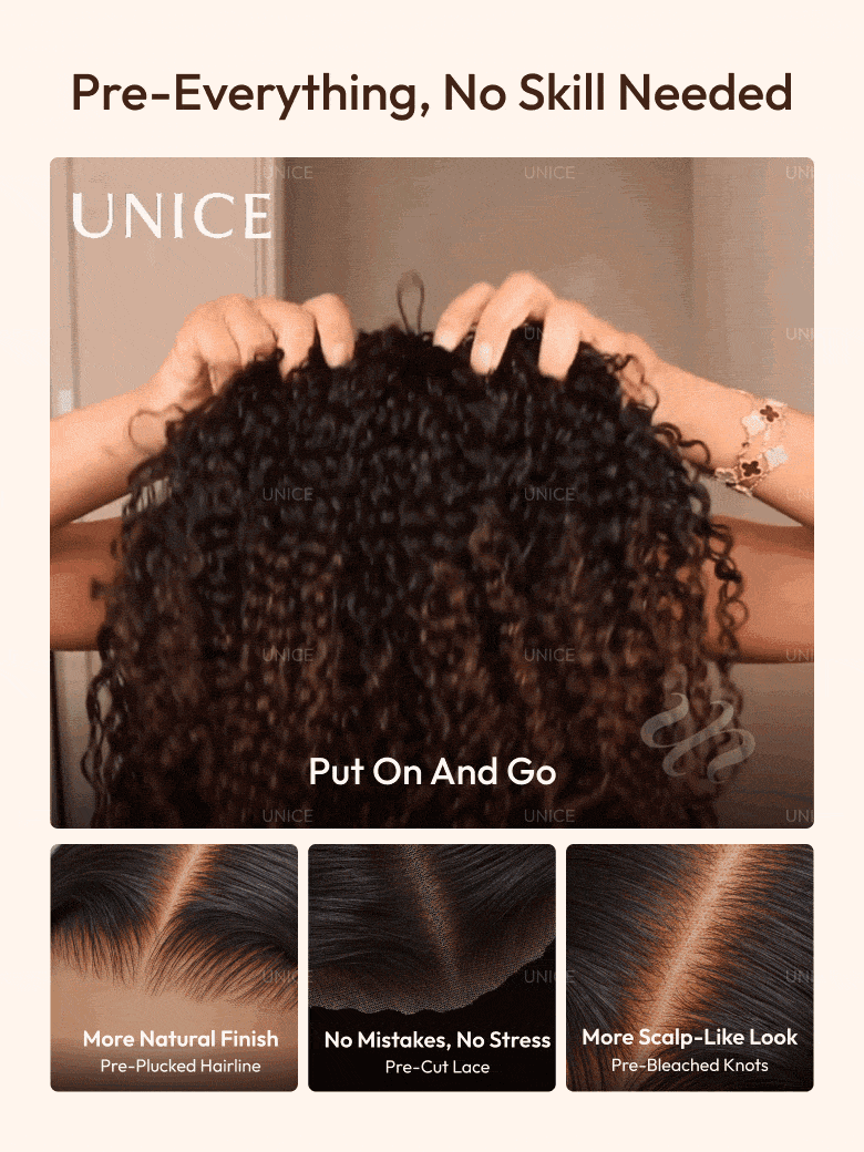 A person holds a curly wig above their head, ready to put it on. Below are three close-up images showing the wig��s features: pre-plucked hairline, pre-cut lace, and pre-bleached knots for a natural look.