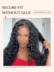@marylovesyu displays a secure glueless lace wig featuring realistic water wave curls, a natura hairline, and a clean center part.