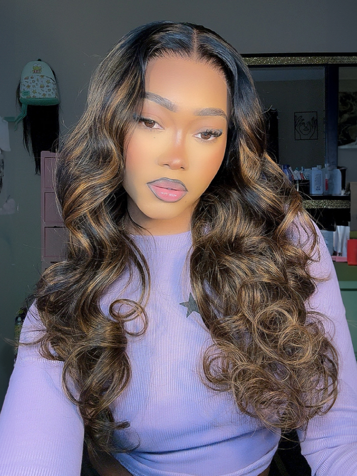 Petaluxe 7x5 Bye Bye Knots Wig Glueless Lace Black to Chestnut Brown Ombre Loose Wave Wig With Bleached Knots 150% Density