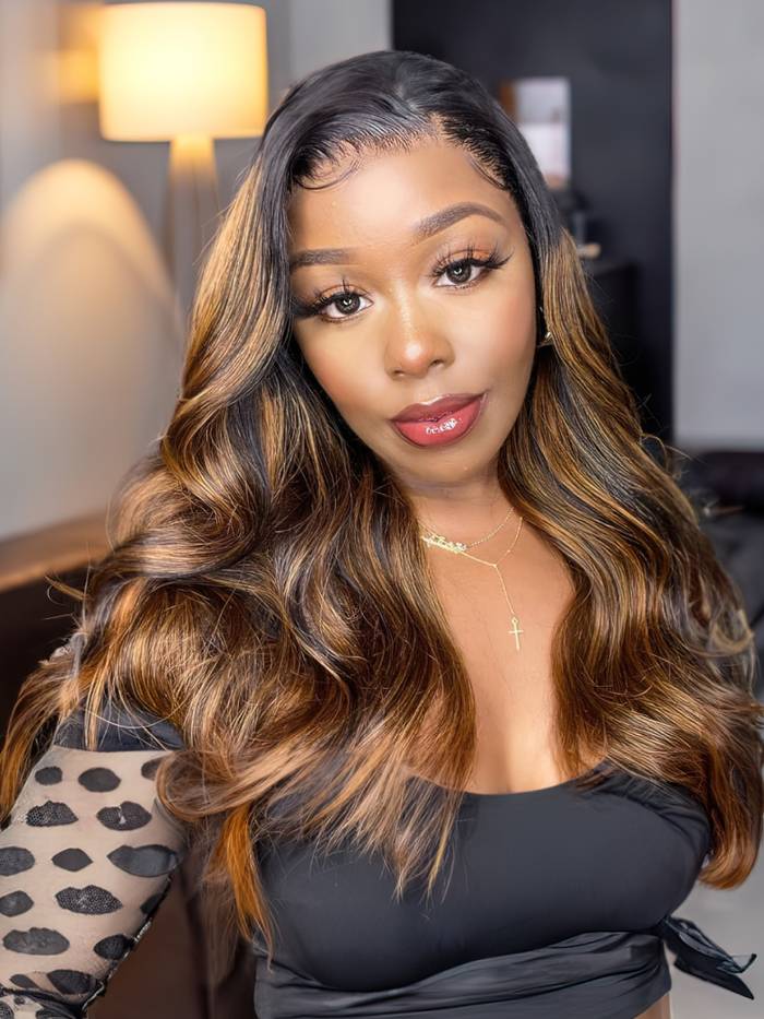 Petaluxe Balayage Highlights Transparent Lace Front Wigs Body Wave Human Hair Wigs