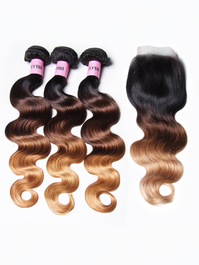 Ombre Color 1B/4/27 Body Wave Sew In 3 Bundles with Closure